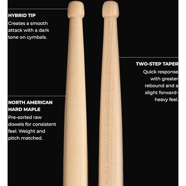 Meinl 5B Hybrid Maple Drumsticks, Hard Maple Holz, medium Gewicht, 413 mm Länge, eichel-/fassförmiger Holzkopf, made in Germany – Bild 4