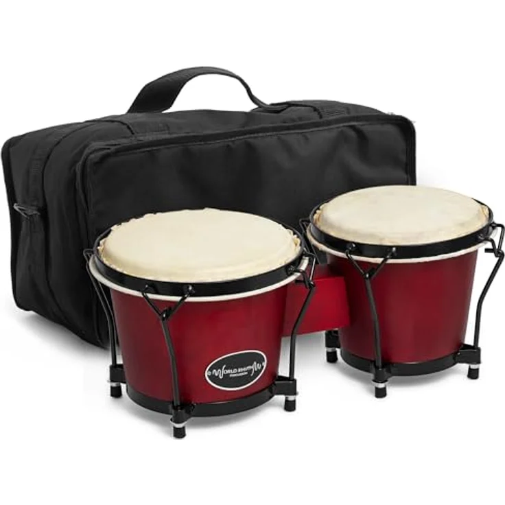 World Rhythm TIGER BON7 Bongo Trommeln aus Eiche, 15,2 cm und 17,8 cm Rohleder Köpfe, mit gepolsterter Gigbag, Weinrot – Bild 1