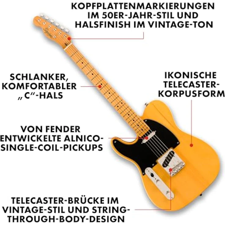 Squier Classic Vibe 50s Tele LH MN BB, Linkshänder Telecaster E-Gitarre, Butterscotch Blonde, Ahornhals, Fender Designed Alnico Single-Coil Tonabnehmer – Bild 3