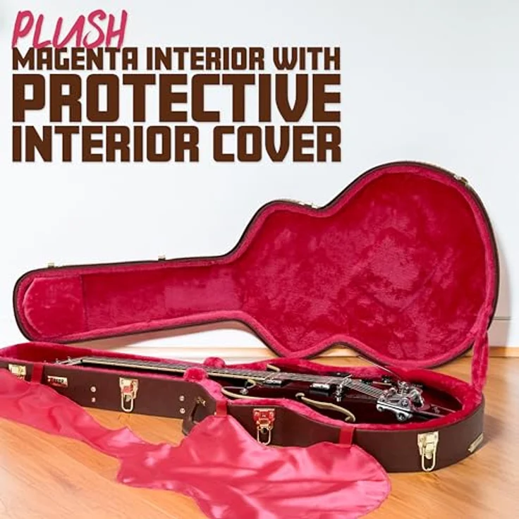 Gator GW-Semi-hollow Guitar Case, stabiler Gitarrenkoffer aus Sperrholz mit braunem Außenbezug und rotem Plüsch-Innenfutter, abschließbar, mit Zubehörfach, goldene Hardware – Bild 2