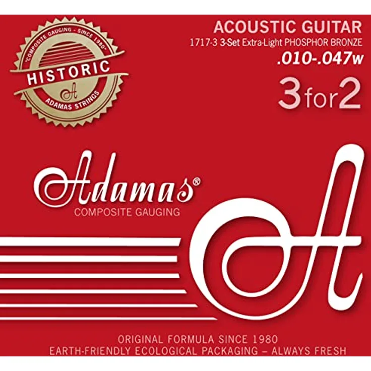 Adamas Saiten für Akustikgitarren Historic Reissue, 3er Satz Phosphor Bronze Ex-Light .010, anlaufgeschützt und ideal für regelmäßigen Gebrauch