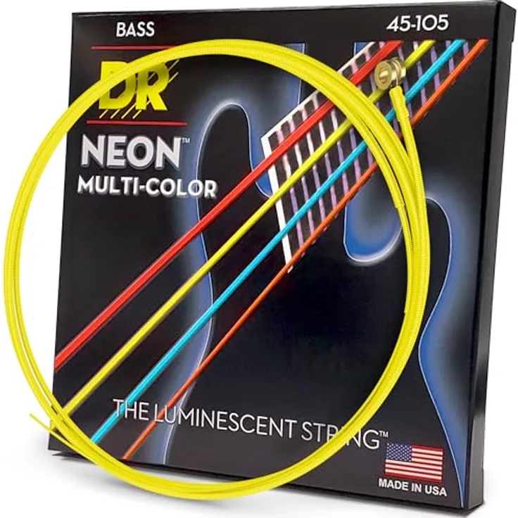 DR Strings Neon Multi NMCB-45, E-Bass Saiten mit K3 Multi-Color Neon Beschichtung, 4-Saiter Set, Saitenstärken 045"-105"