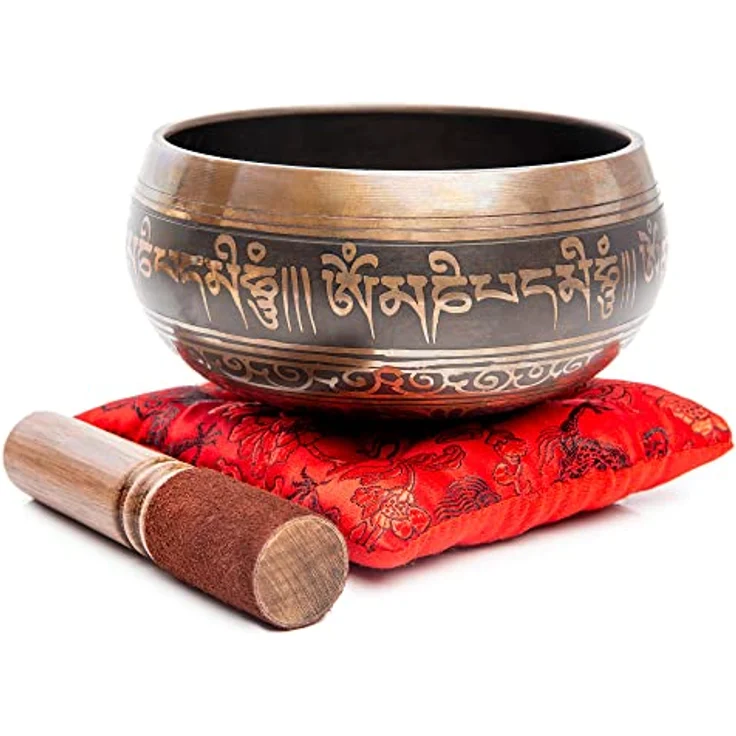 HIMALAYAN BAZAAR Tibetisches Klangschalen-Set, handgefertigt, 10,2 cm, Braun-Rot, inkl. Seidenkissen und Lederklöppel für Meditation und Yoga – Bild 2