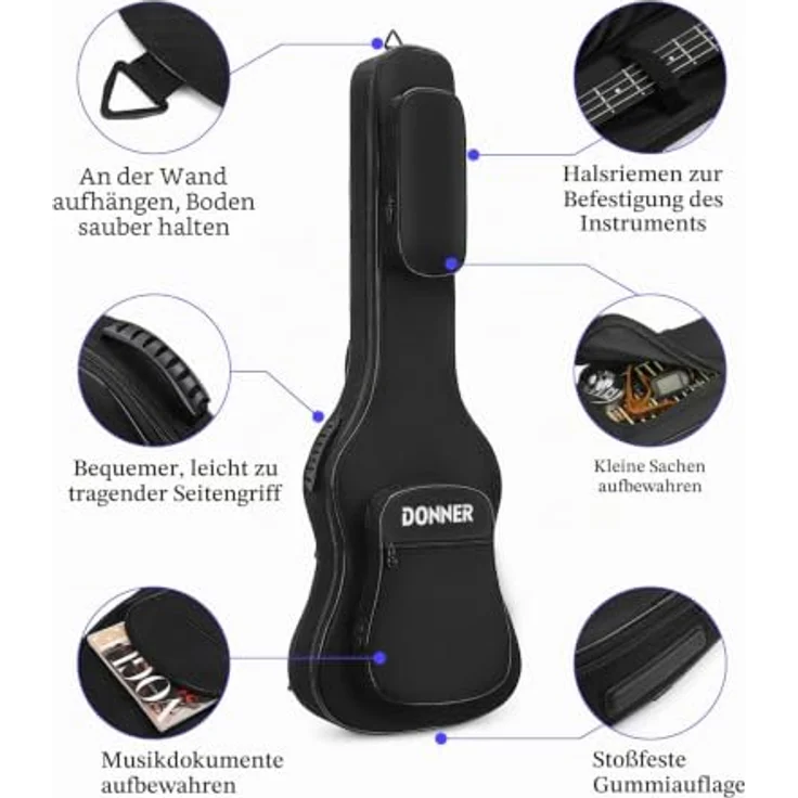 Donner E-Bass Tasche 47 Zoll, gepolstert mit 10mm Schutz, wasserdicht Gigbag für E-Bass, Schwarz – Bild 2