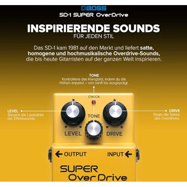 Boss SD-1 Overdrive, Effektpedal für warme Röhren-Amp Verzerrung, Level-Tone-Drive Regler, kompaktes Design 73 x 130 x 60 mm – Bild 6