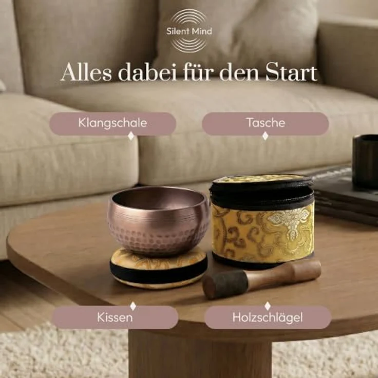 Silent Mind Klangschale Ø9 cm Bronze, Handgefertigtes Komplett-Set mit Kissen und Klöppel, klarer stabiler Klang für Meditation und Achtsamkeit – Bild 5
