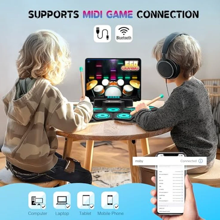 CAHAYA CY00387-1 Elektronisches Schlagzeug für Kinder, aufrollbares E-Drum-Set mit 9-Pads, 2 Pedalen, MIDI-Unterstützung, Stereo-Lautsprechern, Kopfhörerausgang und 10h Akkulaufzeit – Bild 4