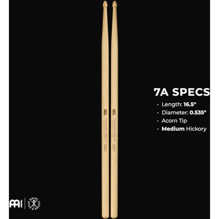 Meinl 7A Standard Long Drumsticks, Hickory Holz mit Eichelkopf, leicht, 419 mm Länge – Bild 3