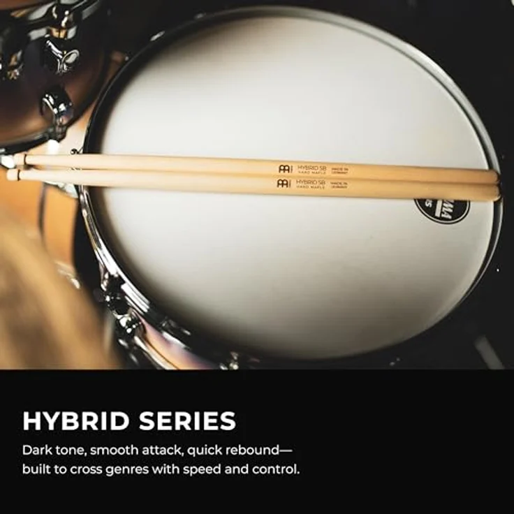 Meinl 5B Hybrid Maple Drumsticks, Hard Maple Holz, medium Gewicht, 413 mm Länge, eichel-/fassförmiger Holzkopf, made in Germany – Bild 2