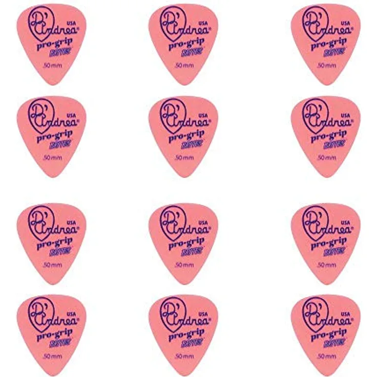 dAndrea Pro-Grip Brites Pick Set 0,50 mm, rutschfeste Plektren in Rot, 12 Stück