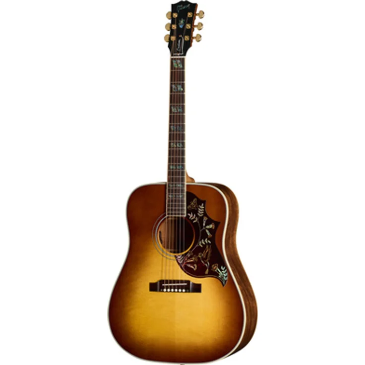 Gibson Hummingbird Elegant Koa Honey Burst, Westerngitarre mit Tonabnehmer, AAA Sitkafichte Decke, Koa massiv Boden und Zargen, Made in USA