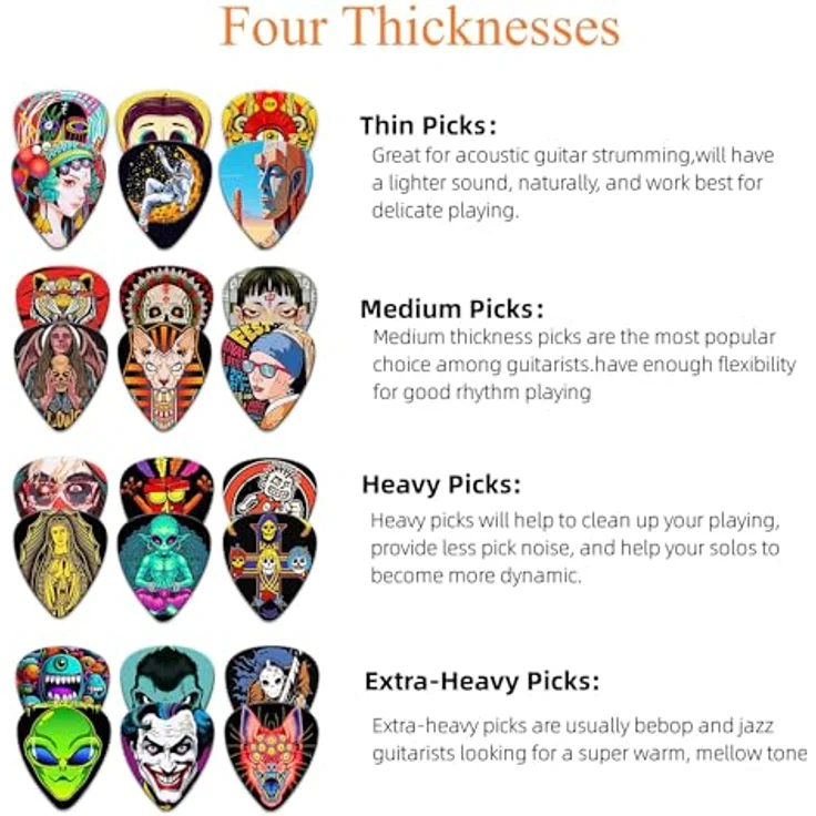 K KAREZOG Plektrum 24 Stück, Gitarren Picks 0.46/0.71/0.96/1.20mm, Zelluloid Plektren in Metallbox für Akustikgitarre, E-Gitarre, Bass, Ukulele – Bild 5