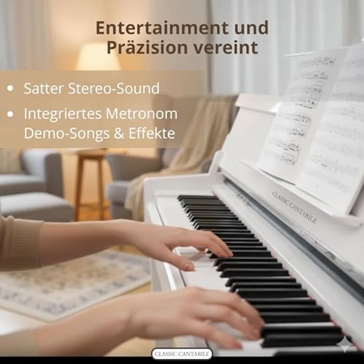 Classic Cantabile UP-1, Upright E-Piano mit 88 gewichteten Tasten, Ivory Touch, 256 Polyphonie, 40 Sounds, OLED Display, USB MP3 Recorder (Weiß matt, mit Zubehör) – Bild 5