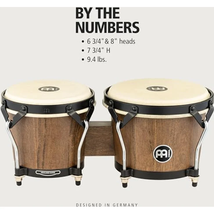 Meinl HTB100WB-M Bongo Set, 6 3/4" x 8", aus Gummibaumholz, Walnut Brown, mit handselektierten Büffelfellen und schwarzer Kesselhardware – Bild 7