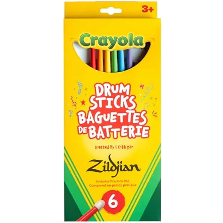 Zildjian Crayola Kids Drumsticks, 6-tlg. Set in bunten Farben, aus Hickory, eichelförmiger Kopf, inkl. Übungspad