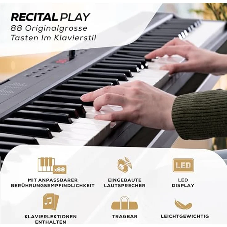 Alesis Recital Play E-Piano, 88 Tasten, 480 Sounds, Lautsprecher, USB-MIDI, inklusive Klavierlektionen für Anfänger und Notenablage – Bild 2