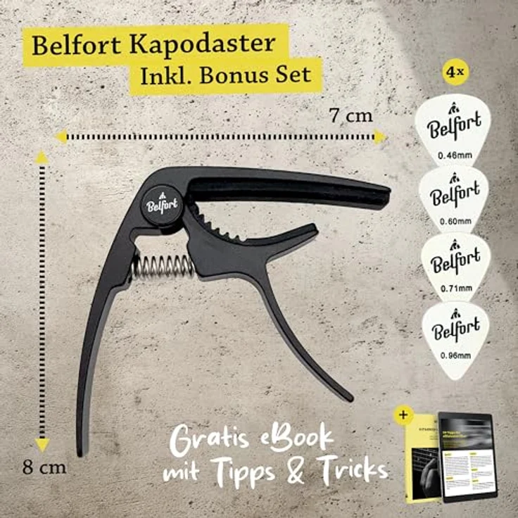 BELFORT® QuickPitch Kapodaster für Gitarre, bruchfestes Metall, einfache Einhandbedienung, inkl. 3 Plektren und gratis eBook, für Westerngitarre, Akustikgitarre, E-Gitarre, Ukulele – Bild 5