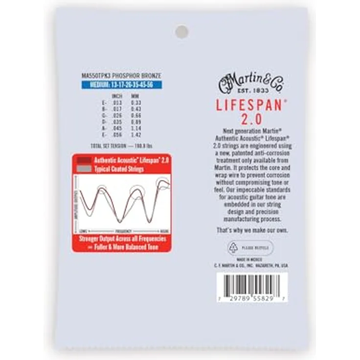 Martin 3er-Pack Akustikgitarrensaiten Lifespan 2.0 Medium 13-56, 98/2 Phosphor Bronze, hochflexible Saiten für beeindruckendes Spielgefühl – Bild 2
