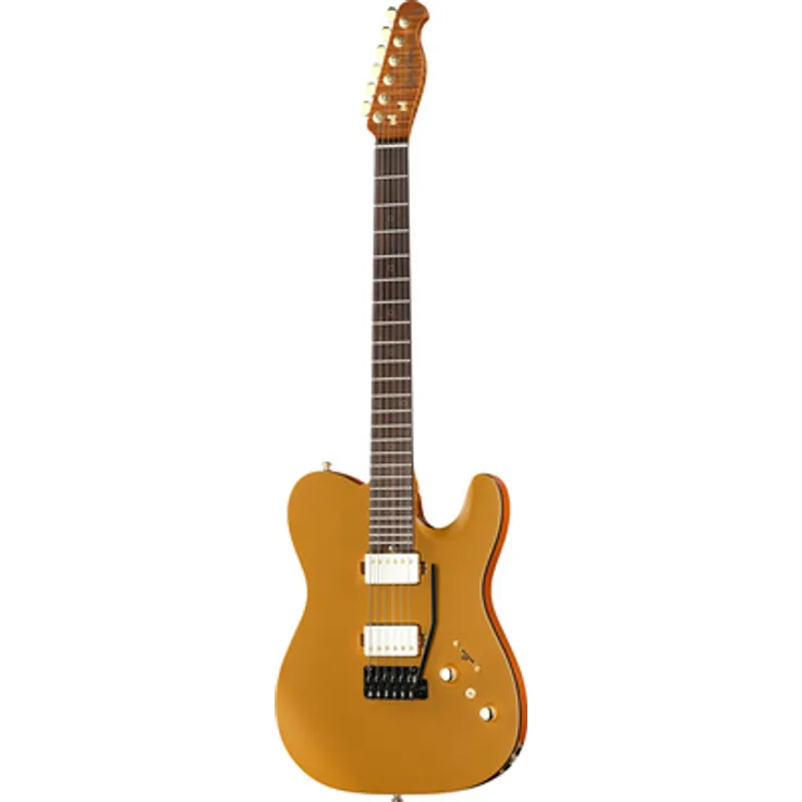 Harley Benton Fusion-T II HH RW Satin Gold, Pro Serie T-Style E-Gitarre mit gehobeltem Ahornhals und Gold-Humbuckern