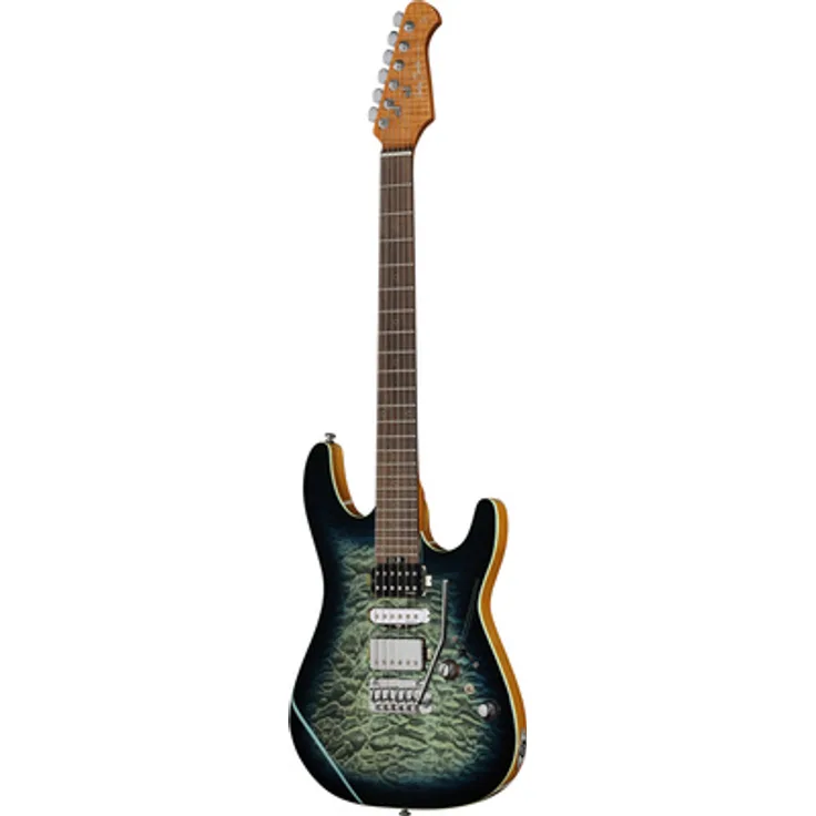 Harley Benton Fusion-IV HSH RW Quilt Black Burst Gloss, E-Gitarre mit Nyatoh-Korpus, geflammtem Ahornhals und 24 Edelstahlbünden