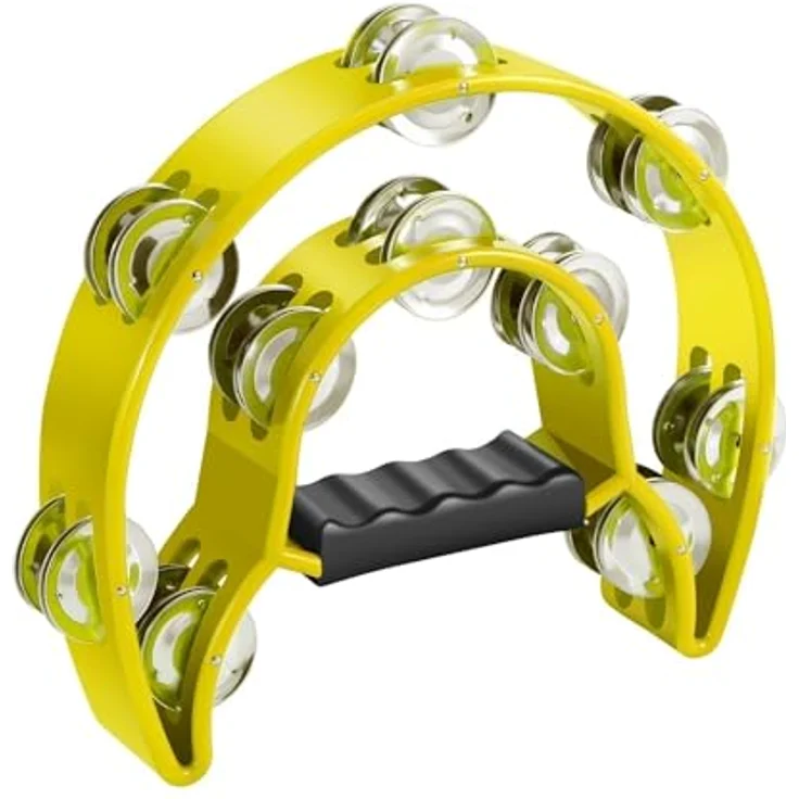 Flexzion Tamburin, Handtrommel - 25cm mit 20 Paar Metall-Schellen, Halbmond-Form, ergonomischer Handgriff, gelb – Bild 1