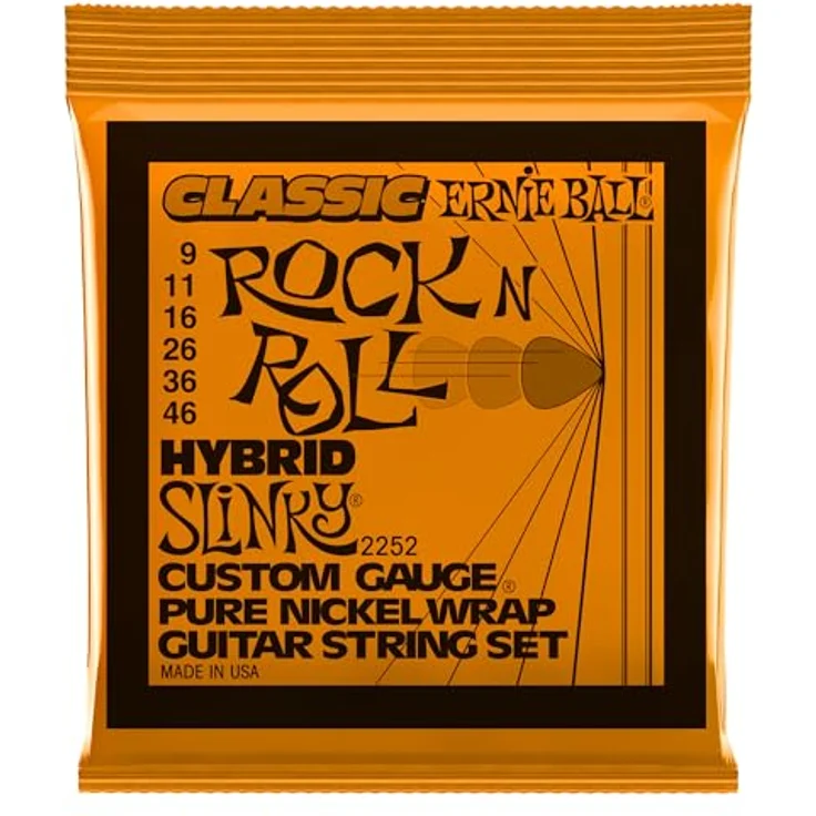 Ernie Ball Hybrid Slinky, E-Gitarrensaiten mit reiner Nickelwicklung, Stärke 9–46 für warmen Vintage-Klang und charakteristisches Slinky-Spielgefühl – Bild 1