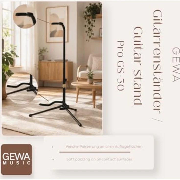 GEWA Gitarrenständer De Luxe GS-30B, höhenverstellbar 60-83 cm für Akustik- und E-Gitarre, mit weicher Polsterung, schwarz – Bild 6