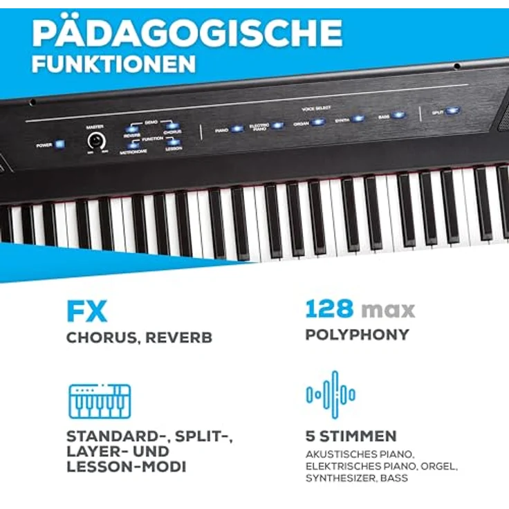 Alesis Recital, E-Piano 88 Tasten mit Halbgewichteten Tasten, 5 Premium-Stimmen, Kopfhörerausgang, Klavierlektionen-Abo – Bild 3