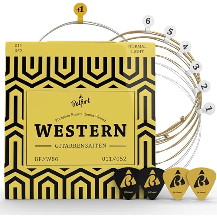 BELFORT® Gitarrensaiten Premium Phosphor-Bronze, 6 Saiten-Set für Westerngitarre & Akustikgitarre mit 4 Plektren und extra hoher E-Saite, schmerzfreies Spielen, optimale Stimmstabilität – Bild 1