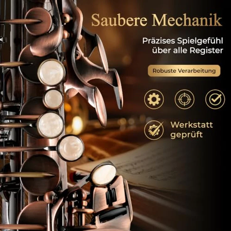 Classic Cantabile AS-450 Antique Red Altsaxophon Set, Altsaxophon aus Messing mit ergonomischer Klappenmechanik und vollem Klang – Bild 4