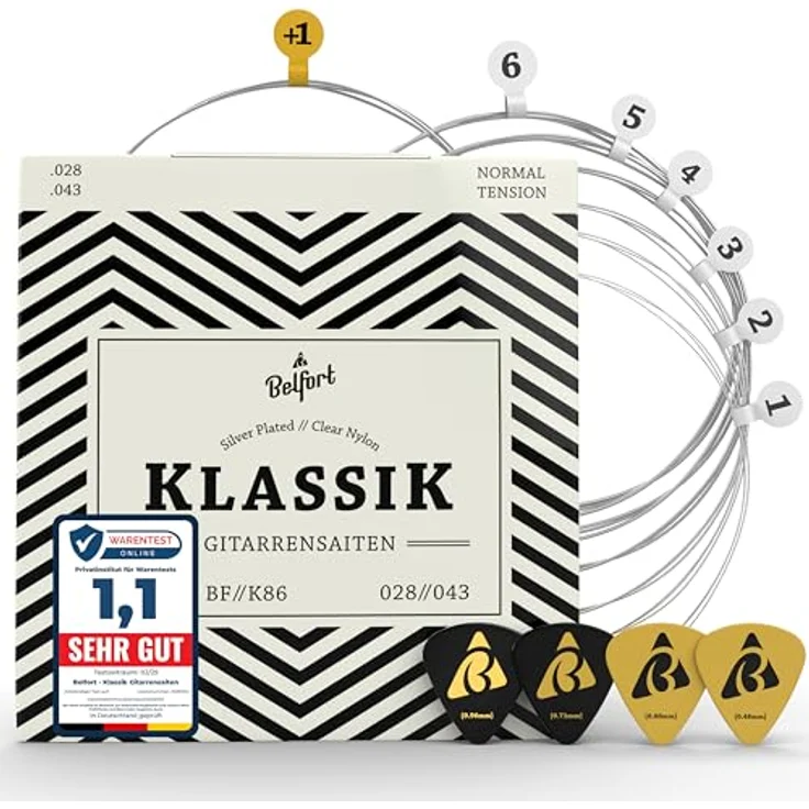 BELFORT® Gitarrensaiten Konzertgitarre, 6-Saiten Set aus Nylon und Silber mit 4 Plektren, extra hoher E-Saite für akustische Gitarre, ideal für Anfänger und Profis – Bild 1