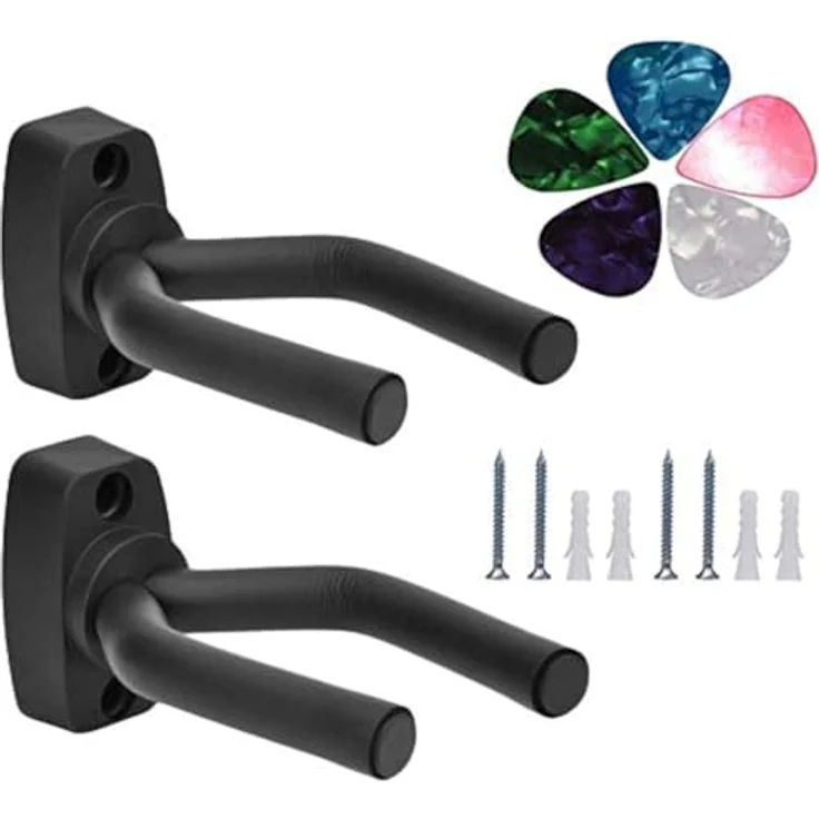 Tioamy Gitarren Haken Wandhalterung, 2 Stück für Akustikgitarre, E-Gitarre, Bass & Ukulele, mit 5 Piano Picks in zufälliger Farbe – Bild 1