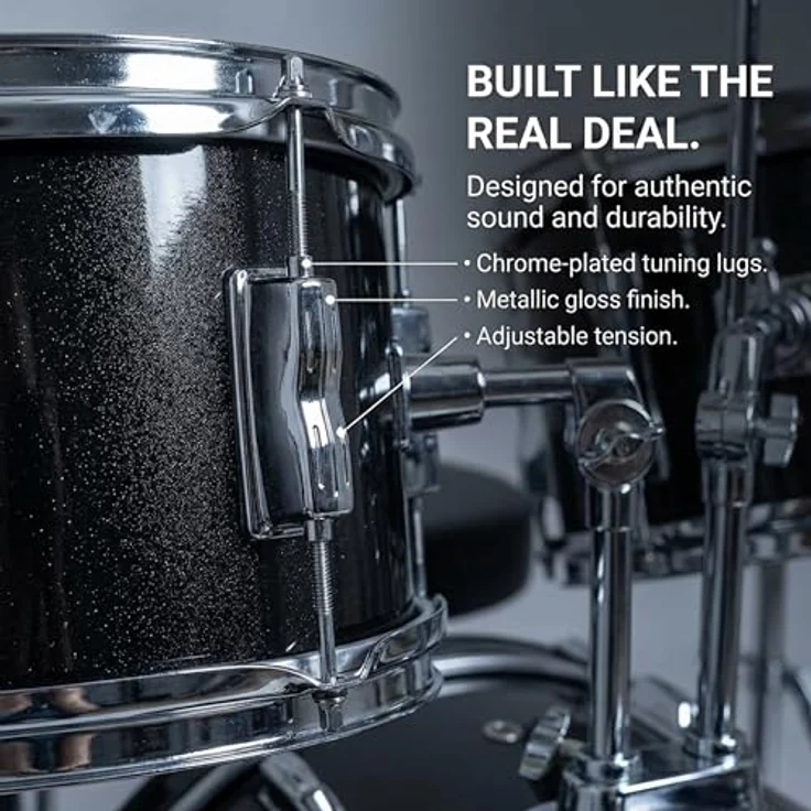 Music Alley DBJK02-BK, 3-teiliges Anfänger-Drumkit für Kinder, Black - Besonders robustes Holz und Metall, 14-Zoll-Bassdrum – Bild 4