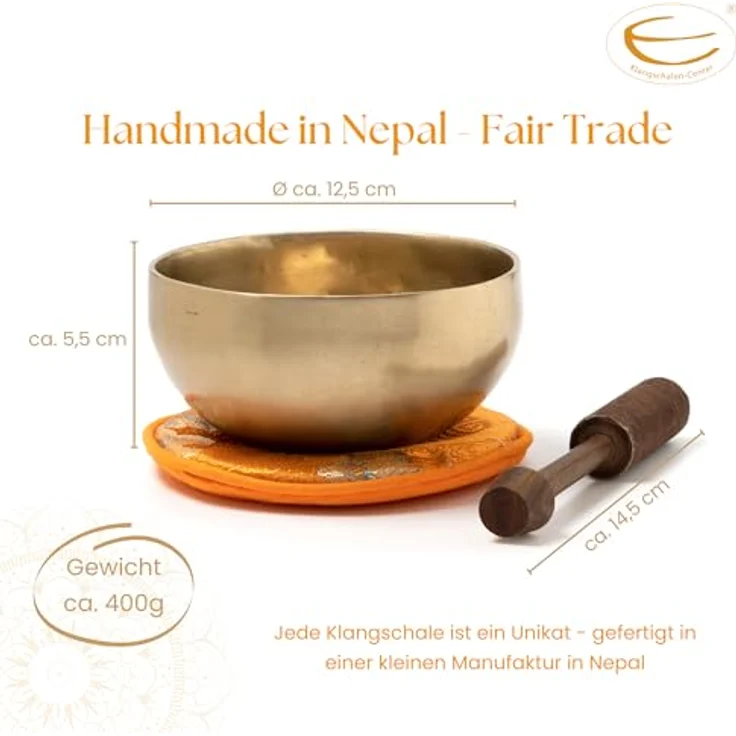 Klangschalen-Center Tibetische Klangschale I handgeschmiedet I 400 g I Ø 12,5 cm I inkl. Klöppel/Pad mit Blütenmotiv I Fair Trade aus Nepal – Bild 5
