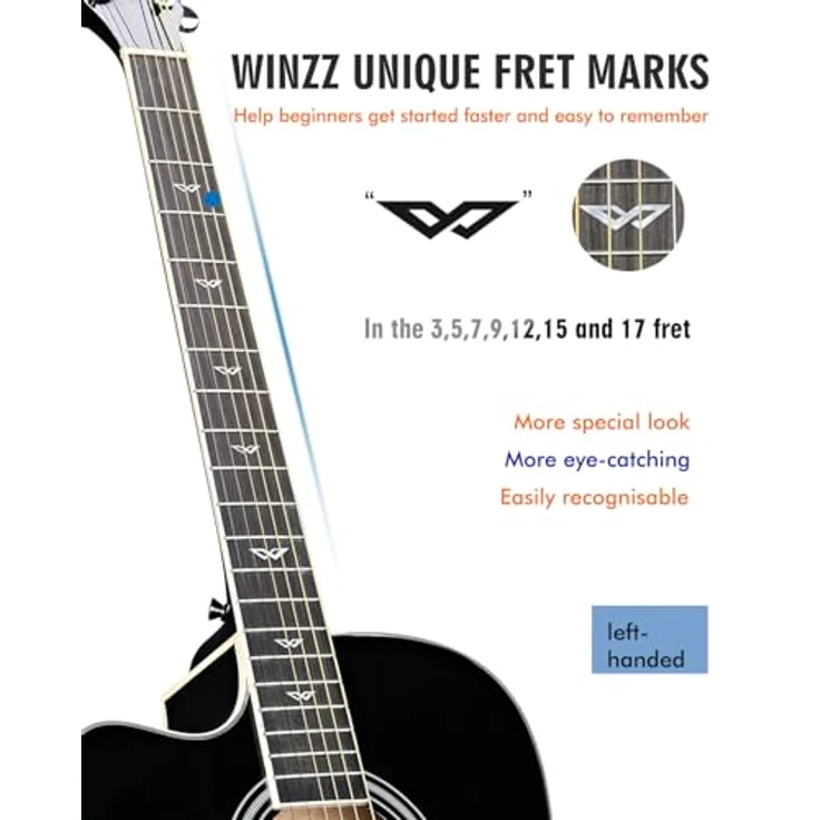 Winzz Elektro-Akustik Gitarre 4/4 für Linkshänder, Schwarz-Glänzend, inkl. 11 Zubehörteilen und Stahlsaiten, ideal für Anfänger und Kinder – Bild 4