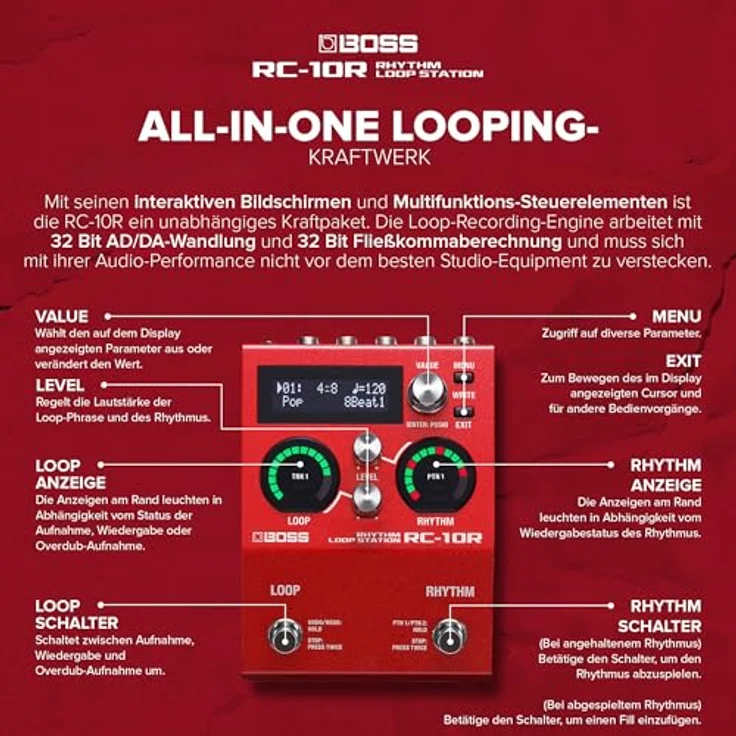BOSS RC-10R Rhythm Loop Station, kompaktes Performance-Tool mit 280 Preset-Stilen, 16 Drumkits und 2-Spur-Betrieb – Bild 4