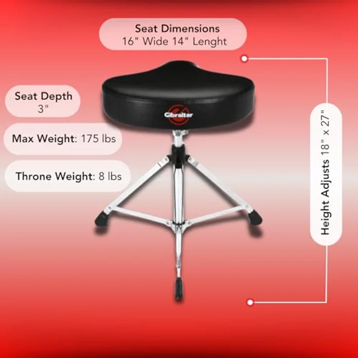 Gibraltar GI806604 Schlagzeughocker 6000 Serie 6608 Moto Seat, höhenverstellbar von 46 cm bis 61 cm, komfortable Sitzfläche mit 39 cm Durchmesser, robuste Basis mit Super Lock – Bild 3