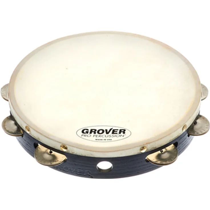 Grover Pro Percussion T1/GS Tambourine, 10" einreihig mit German Silver Schellen und weißem Naturfell, massiver Hartholzkorpus