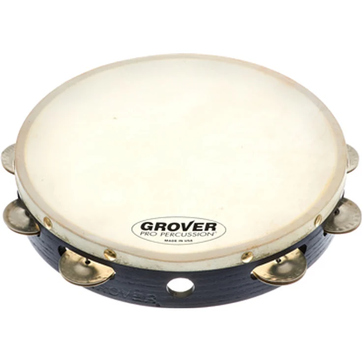 Grover Pro Percussion T1/GS Tambourine, 10" einreihig mit German Silver Schellen und weißem Naturfell, massiver Hartholzkorpus