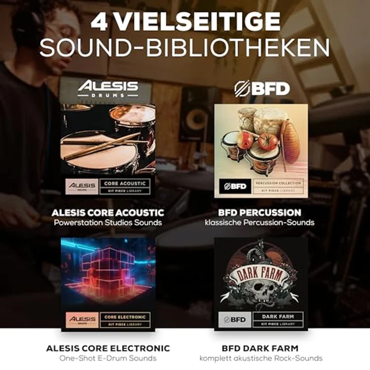 Alesis Strata Club E-Drum Kit, professionelles E-Drum Set mit BFD3 Sound Engine, 370 Kit Pieces, 8" Bass Drum, 2x 10" Zwei-Zonen Tom Pads, 12" Snare Pad, Mesh-Pads, 25 GB Speicher – Bild 7