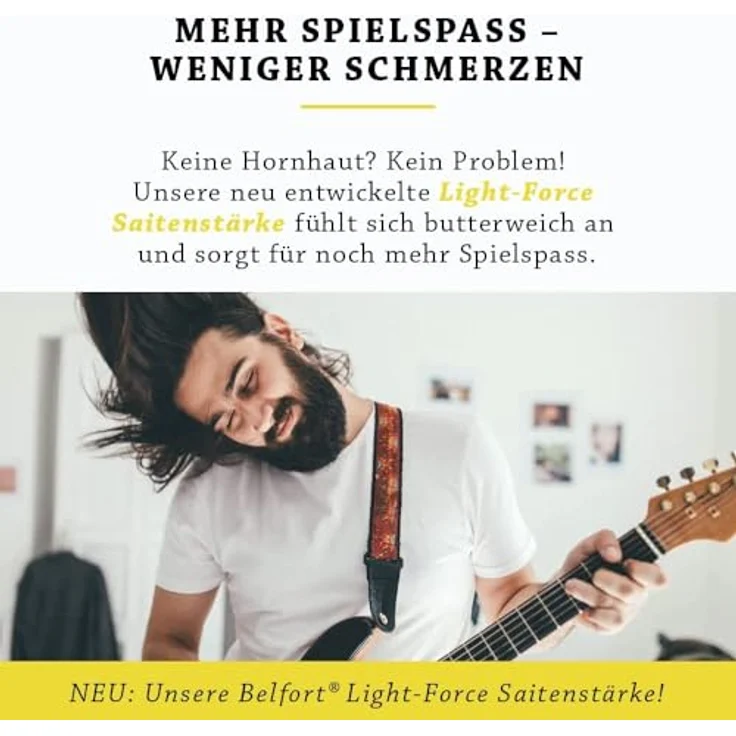 BELFORT® E-Gitarren-Saiten, 6-Saiten-Set aus Nickel für E-Gitarre, inkl. 4 Plektren und extra hoher E-Saite, brillante Klangqualität, schmerzfreies Spielen – Bild 4