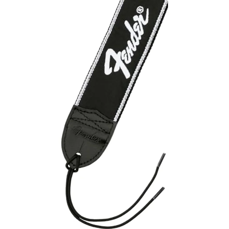 Fender Gitarrengurt, Running Logo Black/White, aus Nylon mit stufenloser Längenverstellung und Lederenden – Bild 3