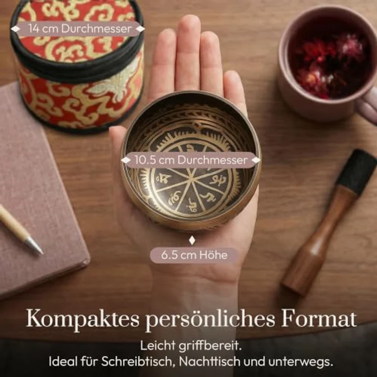 Silent Mind Klangschale Ø10,2 cm Bronze – Handgefertigtes Komplett-Set mit Kissen und Klöppel, ideal für Meditation und Achtsamkeit, klarer stabiler Klang – Bild 4