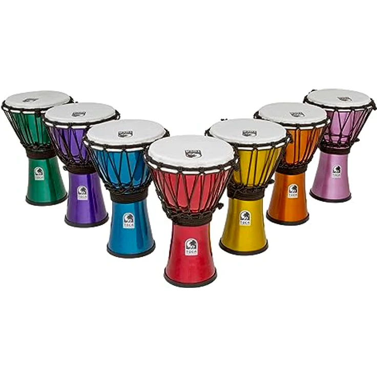 Toca 7" Color Sound Djembe Set TFCDJ-7MS, Set mit 7 Djemben in Rot, Orange, Gelb, Grün, Blau, Indigo, Violett, Kunststoffkessel und -fell, leicht, ideal für Schulen und Gruppen – Bild 2