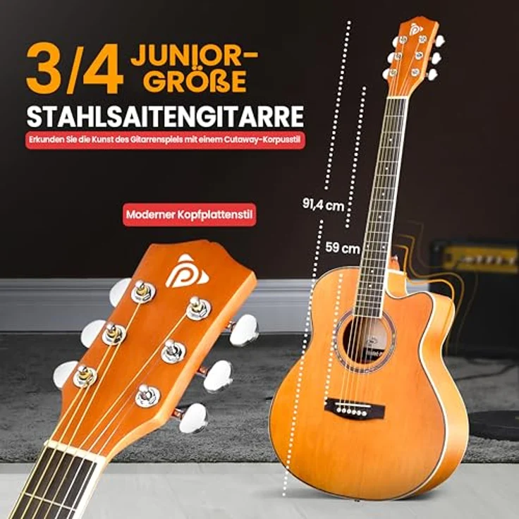 Pyle 3/4 Akustikgitarren-Set mit Stahlsaiten, Lindenholz, matt schwarz, inklusive Gigbag, Stimmgerät, Ersatzsaiten und Zubehör – Bild 3
