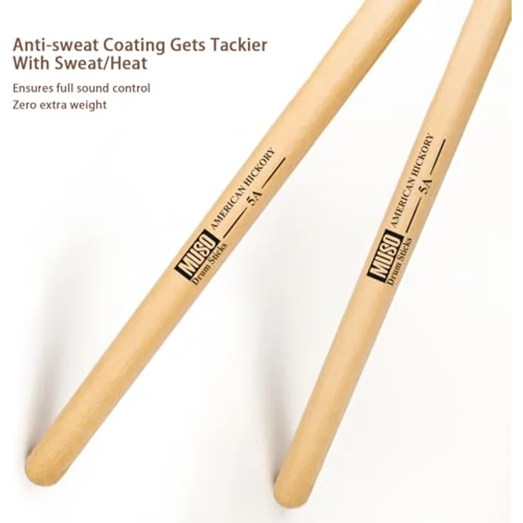 MUSO American Hickory Schlagzeugstöcke 5A, rutschfester Gummigriff, 2 Paar, für vielseitiges Spiel – Bild 5