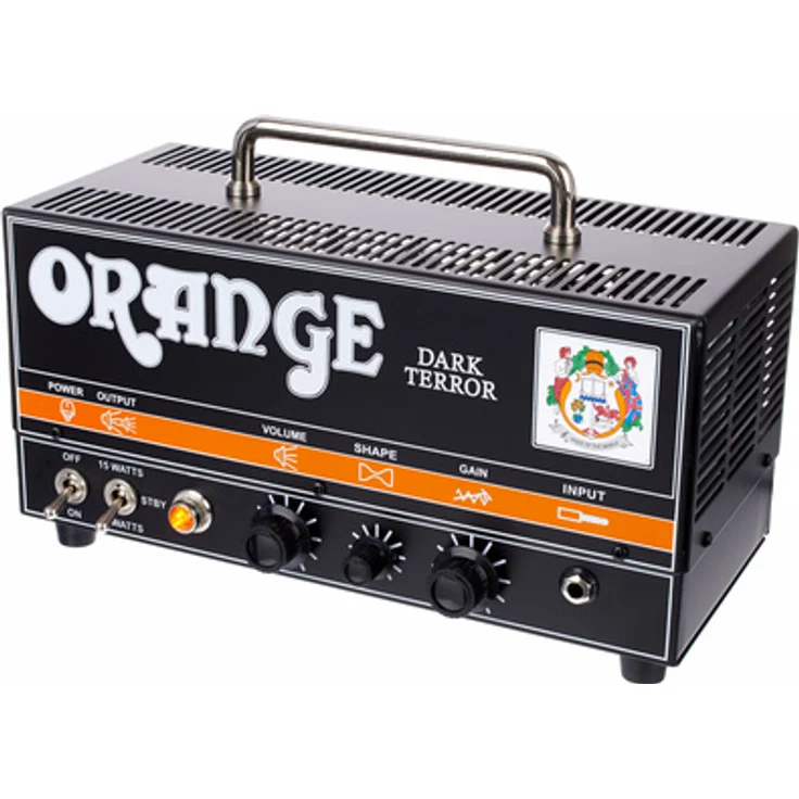 Orange Dark Terror Head, Vollröhren Gitarrentopteil mit umschaltbaren 15W/7W, 3 x ECC 83 Vorstufenröhren, 2 x EL 84 Endstufenröhren, schwarzes Stahlgehäuse, inkl. Bag