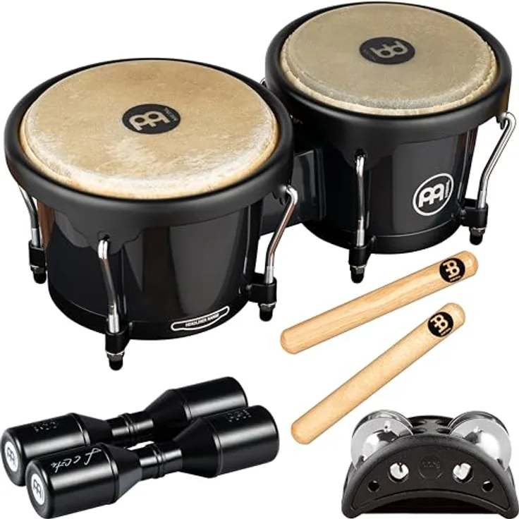 Meinl Bongo & Percussion Pack, HB50BK Journey Serie Bongos, Compact Foot Tambourine, Luis Conte Live Shaker, Classic Wood Claves