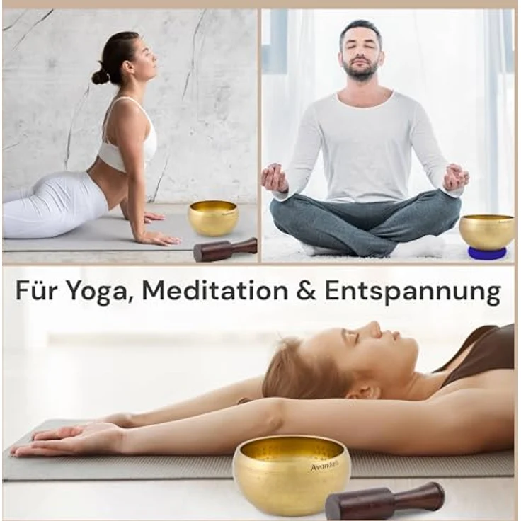 Avanda Tibetisches Klangschale-Set, gehämmerte Klangschale Ø 8 cm mit Mangoholz-Schlägel und blauem Ring-Kissen für Yoga, Meditation und Entspannung – Bild 2