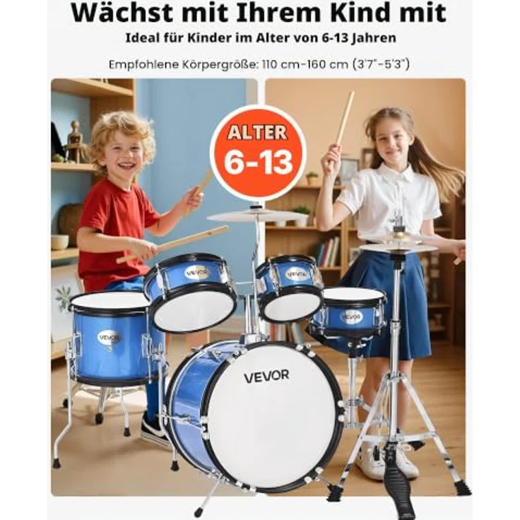 VEVOR Schlagzeug Set, 5-teilig für Kinder, 35,6 cm Basstrommel, 15,2 cm & 20,3 cm Tomtoms, 25,4 cm Standtom, 25,4 cm Crash-Becken, 20,3 cm Hi-Hat mit Ständer, blau – Bild 2
